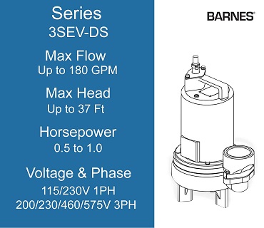 Barnes Sewage Pumps, 3SEV-DS Series, 0.5 to 1.0 Horsepower, 115/230 Volts, 1 Phase, 200/230/460/575 Volts 3 Phase